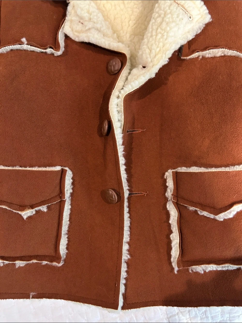 Vintage Kids Faux Suede Shearling Jacket - Brown